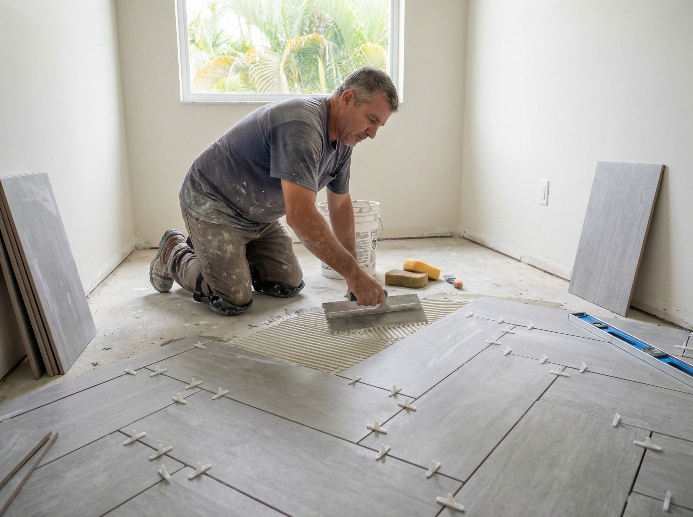 Professional tile installation in progress